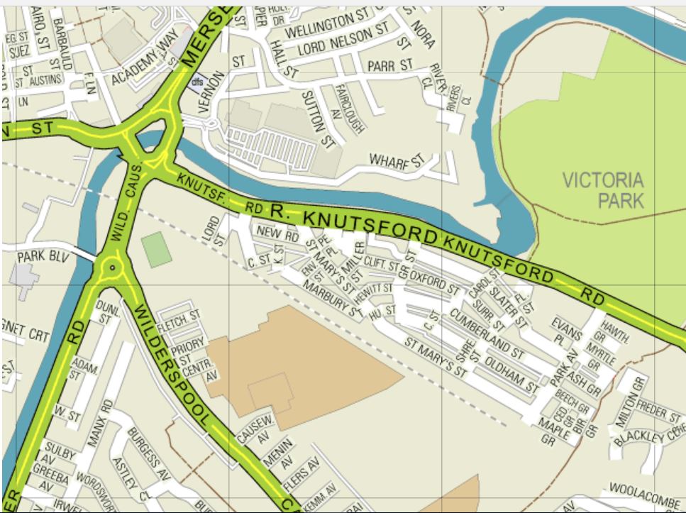 Warrington Centre North South bound bridges Streetmap Capture